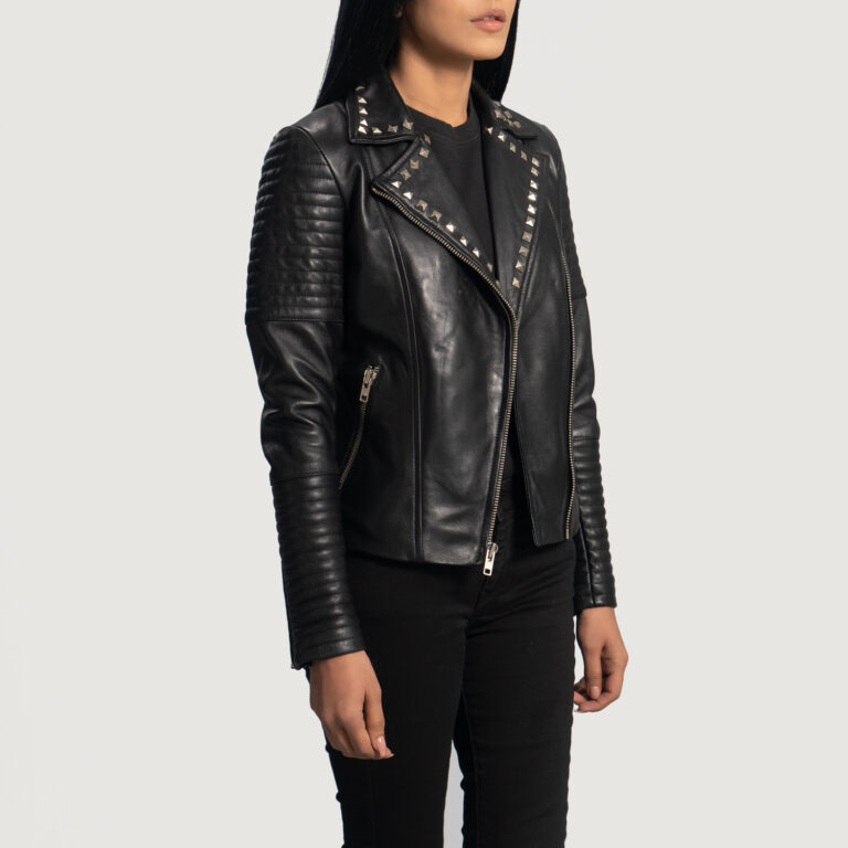 Womens Sally Mae Studded Black Leather Biker Jacket Side Pose-3-1664352671853